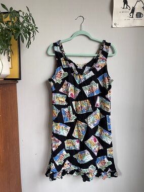 Vintage Black Scenic Tropical Vacation Beaded Sleeveless Mini Summer Sundress